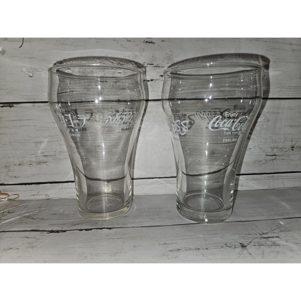 Vintage Enjoy COCA-COLA Multi-language 5" Bell Shaped Drinking Glass Set Of 2
